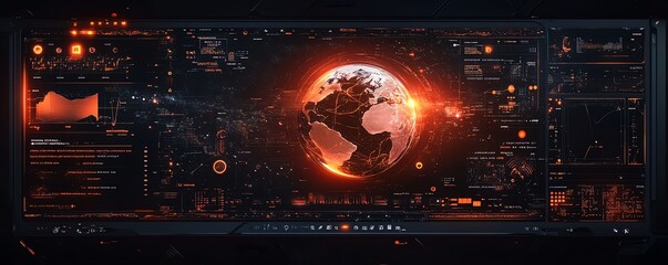 Poster - Digital interface displaying a glowing globe with advanced holographic graphics and orange highlights, modern hightech design