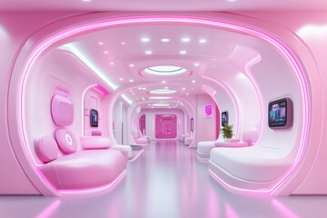 Poster - A 3D-rendered futuristic home interior featuring sleek, glowing furniture and advanced smart devices, all illuminated by dynamic V-Ray lighting