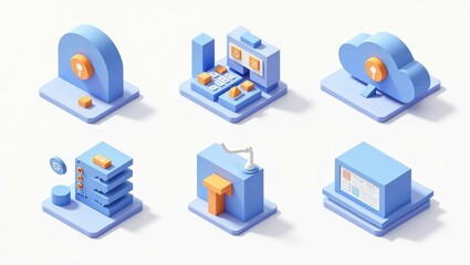 Isometric blue and orange technology icons including cloud storage, data server, computer screen, and backup drive, digital concept for IT services, website design, business presentation, isolated on