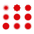 © no one - Set of red starburst. Price sticker, sale sticker, price tag, starburst, quality mark, retro stars, sale or discount sticker, sunburst badges, sun ray frames, promotional badge set, shopping labels