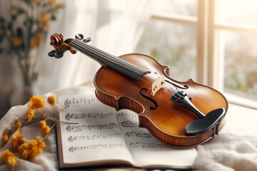 Poster - A beautifully crafted antique violin resting on a sheet of music, with natural light streaming through a nearby window