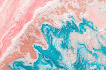 Poster - Abstract pink and blue fluid art with bubbles and swirls, creating vibrant and dynamic texture