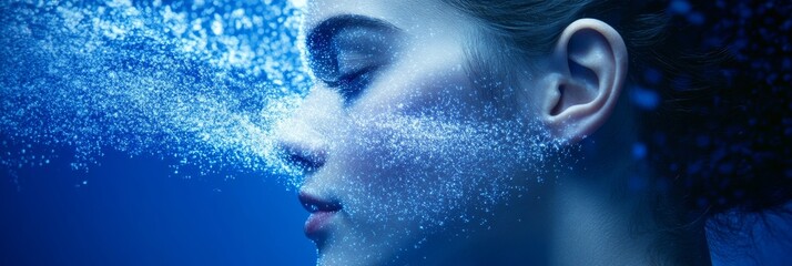 Poster - Abstract Woman Profile, Flowing Particles, Blue Background, Futuristic Design, Digital Art