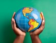 © RHONDA - vibrant hands holding a detailed colorful globe on a pastel green background symbolizing care diversity and global unity