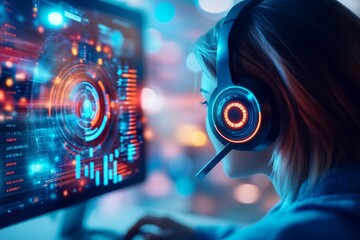 Leinwandbilder - A customer service agent using a VoIP system, with a detailed view of their headset, computer screen, and the software interface