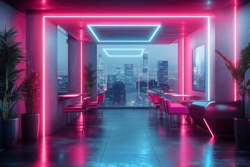 Poster - A cyberpunk-inspired apartment interior with neon lights, metallic textures, and futuristic furniture illuminated by dynamic V-Ray-rendered lighting