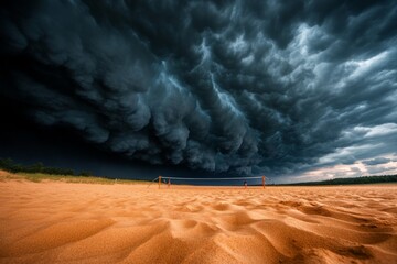 Wall Mural - A dramatic sky over a beach volleyball court, with an intense storm brewing in the distance as players continue the game