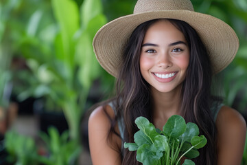 Portrait of a beautiful young woman holding a bunch of fresh spinach in garden or greenhouse