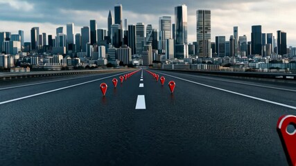 Poster - A long stretch of road features multiple location markers, leading towards a bustling city skyline under a cloudy sky