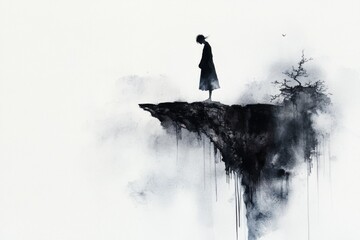 Poster - A dreamy watercolor depiction of a small figure standing on a vast, misty landscape, surrounded by light and shadow representing vulnerability and hope
