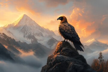 Aufkleber - A fantasy scene of a golden vulture with glowing feathers perched on a mystical cliff, surrounded by enchanted landscapes and ethereal light
