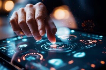 Poster - A futuristic VoIP communication system with glowing holographic interfaces, virtual assistants, and seamless multi-device integration in a high-tech workspace