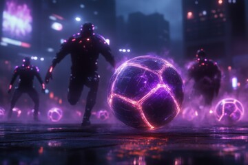 Aufkleber - A futuristic beach volleyball game with glowing nets, neon volleyballs, and players in high-tech gear, set against a holographic ocean view