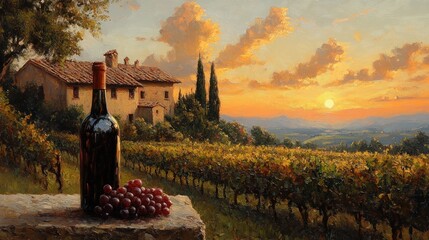 Wall Mural - Sunset over Tuscan vineyard with wine bottle and grapes.