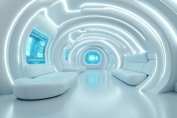 Aufkleber - A futuristic living space with sleek, curved furniture, glowing LED accents, and a high-tech V-Ray-rendered holographic coffee table
