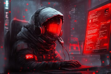 Aufkleber - A gothic depiction of a VoIP headset in a dark room, with glowing red signals and faint eerie light surrounding the equipment