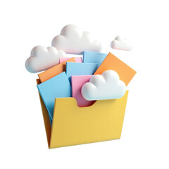 Aufkleber - yellow folder with colorful documents and fluffy white clouds illustrating digital storage.