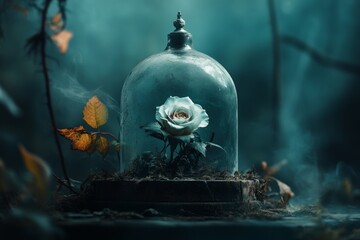 Poster - A gothic scene of a fragile glass rose under a dark, shadowy bell jar, with faint light illuminating its intricate cracks
