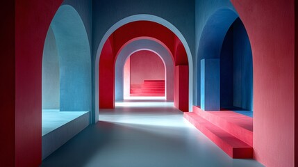 Wall Mural - Abstract Architectural Corridor: A mesmerizing perspective down a corridor featuring a series of vibrant red and blue arches, creating a visually stunning and surreal architectural dreamscape.