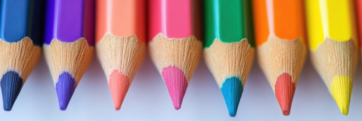 Leinwandbilder - Vibrant colored pencils arranged in a row showcase their pointed tips on a clean white background suitable for creativity. Generative AI