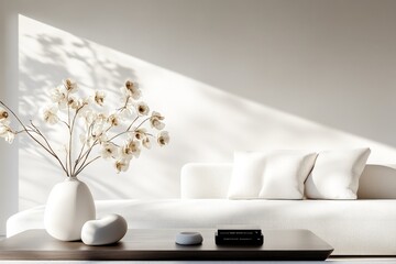Poster - A minimalist living room with a white sofa, a single geometric coffee table, and soft shadows rendered in V-Ray for a clean, modern look