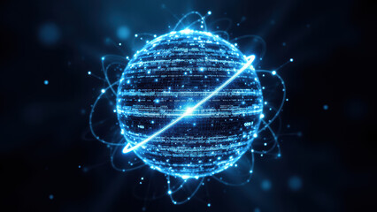 Wall Mural - An artistic representation of a firewall or digital defense system in an abstract, globe-like form with blue cybernetic elements emanating from it.