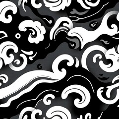 Wall Mural - Seamless Wave Pattern: Abstract monochrome wave pattern in black and white, reminiscent of traditional Japanese art. Perfect for textile design, wallpaper.