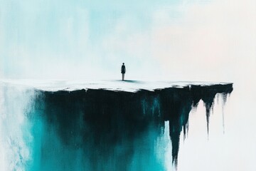 Poster - A pixel art depiction of a small figure standing on a crumbling platform, with pixelated cracks and light shining from below symbolizing fragility