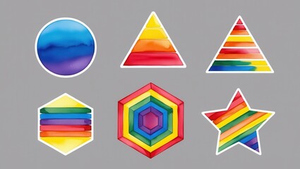 Wall Mural - Vibrant Rainbow Watercolor Shapes Circle Triangle Pyramid Hexagon Star Stickers