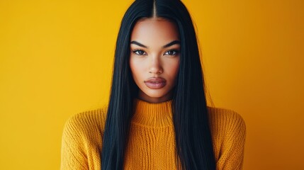 Wall Mural - Bold woman with long straight hair looking directly at the camera, wearing a mustard sweater against a matching background, minimalist and striking