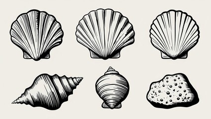 Collection of Six Seashells Scallops Conch and Coral Black and White Line Art Illustration