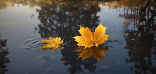 a golden maple leaf floating on the surface of a quiet lake, leaf, maple, serene