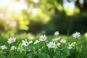 Poster - Beautiful daisies blooming in a sunny garden, creating a peaceful atmosphere with natural light and vibrant greenery. Generative AI