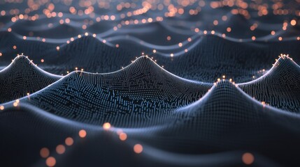 Wall Mural - Abstract Digital Landscape: Data Visualization of Wavy Terrain with Glowing Nodes