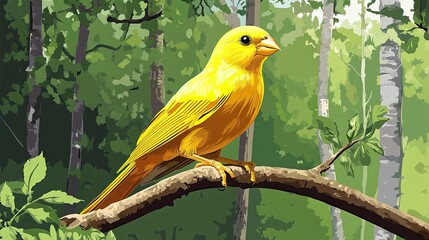 Poster - Yellow Canary Perched On A Branch In A Forest