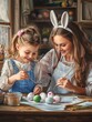 © Johannes - Mother and her daughter painting eggs. Happy family preparing for Easter. Cute little child girl wearing bunny ears.