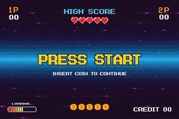 Leinwandbilder - PRESS START. INSERT A COIN TO CONTINUE. pixel art. 8 bit game. retro game. for game assets. Blue Retro Futurism Sci-Fi Background. glowing neon grid. and stars from vintage arcade computer games
