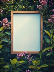 Poster - Decorative empty frame surrounded by lush greenery and vibrant flowers inviting creative text placement. Generative AI