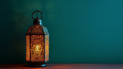 Aufkleber - A beautifully designed lantern with intricate patterns, casting a warm glow against a teal background, creating a cozy atmosphere.