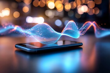 Poster - A stylized depiction of a VoIP call with simple shapes representing sound waves and a smartphone, rendered in muted blue and gray tones
