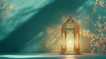 Aufkleber - A beautifully designed lantern emits a warm glow, surrounded by soft shadows and delicate floral accents against a calming teal background.