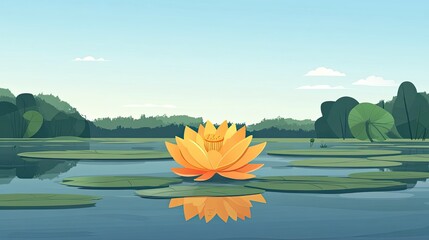 Poster - Golden Lotus Blossom on Serene Pond Landscape