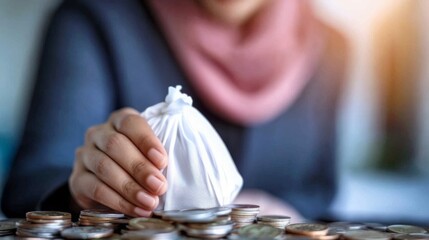 Poster - A hand places a small bag on a pile of coins, symbolizing savings, investment, or financial growth.