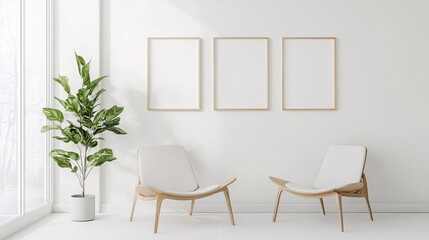 Wall Mural - Modern minimalist living room featuring two elegant white chairs and a potted plant in a bright space.