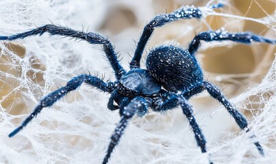 Blue spider on web, macro view of arachnid wildlife