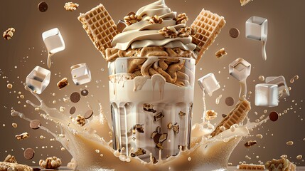 Poster - A large glass of ice cream with milk and nuts, ice cubes floating in the air, chocolate chips scattered on top, white swirls, vanilla wafers floating around it, the ice cream melting into an explosion