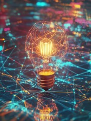 Poster - Polygon idea light bulb on blockchain technology network hud background. Global cryptocurrency blockchain business banner concept. Lamp symbolize inspiration, innovation, invention, effective thinkin