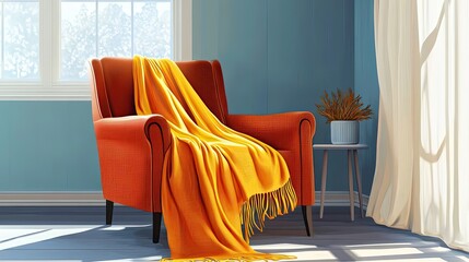 Wall Mural - Orange Armchair With Yellow Blanket Near Window