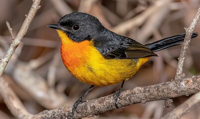 Wall Mural - Flame Robin perched on branch in natural habitat