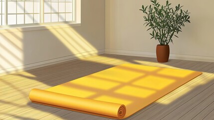 Wall Mural - Rolled Yellow Yoga Mat In Sunny Room